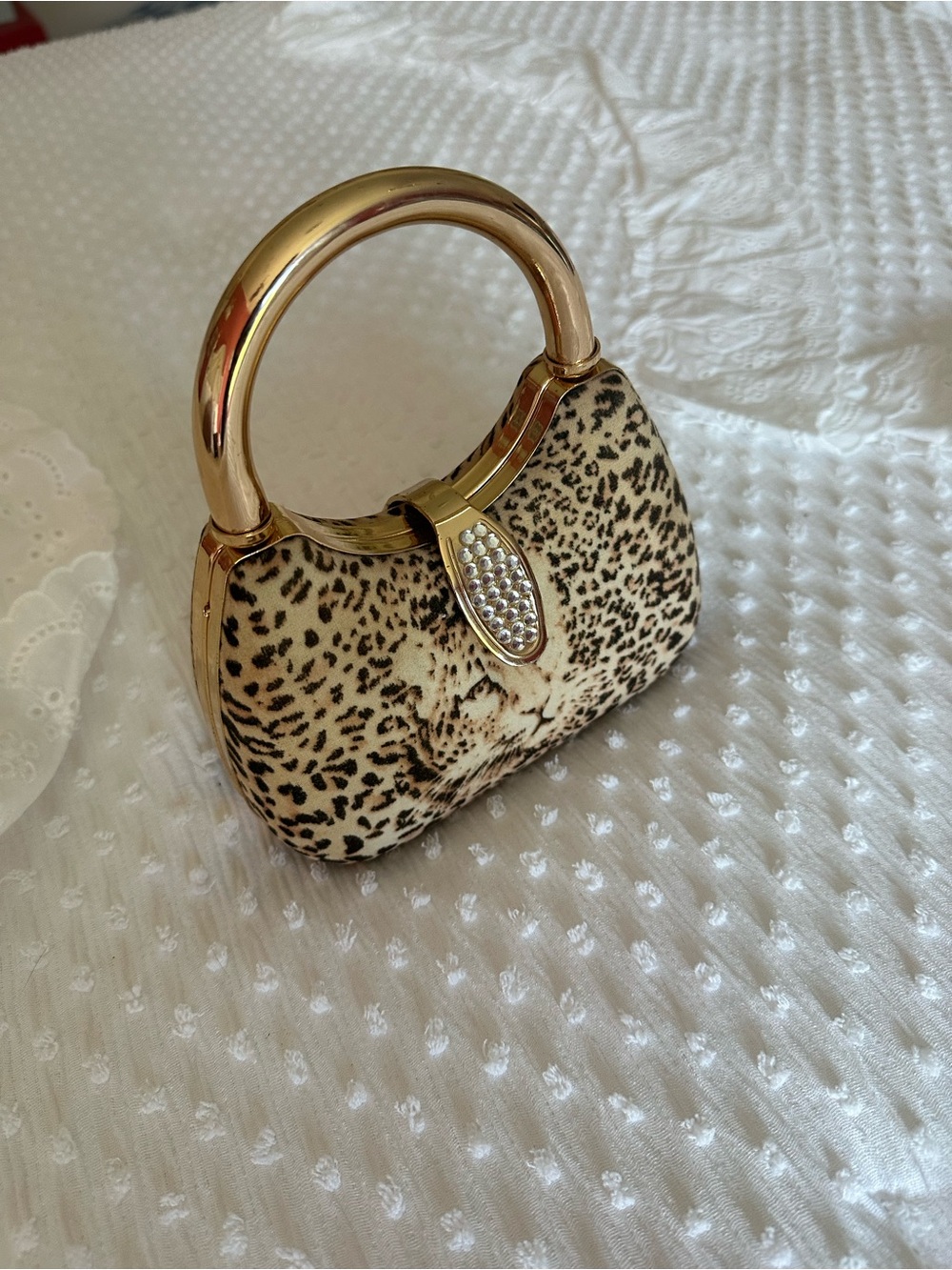 Leopard Print Mini Handbag with Gold Handle
